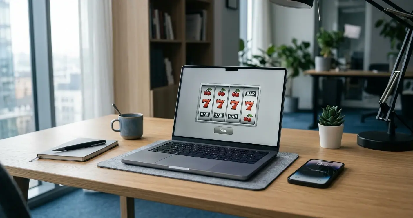 Schreibtisch mit Laptop und Smartphone, auf dem Bildschirm sichtbar: neutraler Spielautomat ohne Markenzeichen