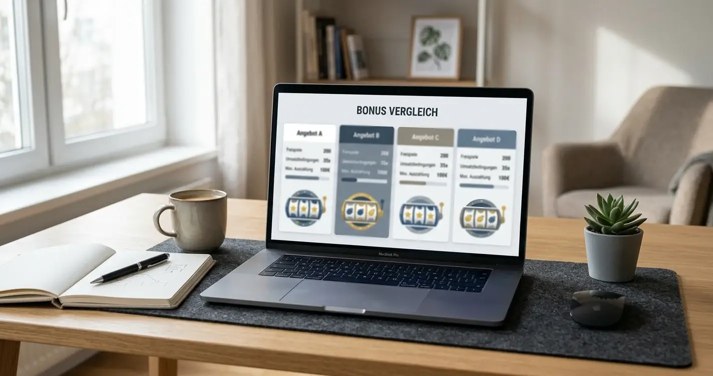Laptop mit neutralem Bonusvergleich und symbolischen Spielautomatensymbolen