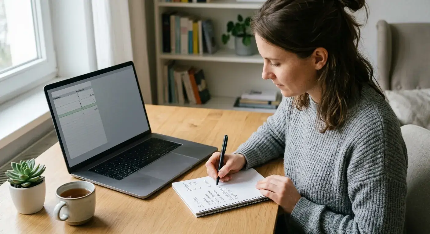 Notizblatt mit einer einfachen Fünf-Cent-Budgetrechnung neben einem neutralen Laptop