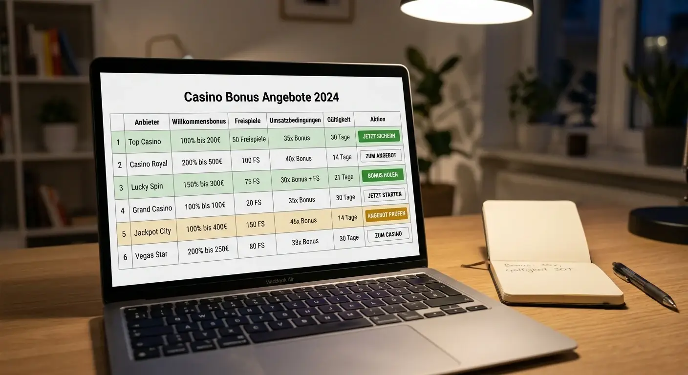 Vergleichstabelle mit Casino-Bonusangeboten auf einem Bildschirm