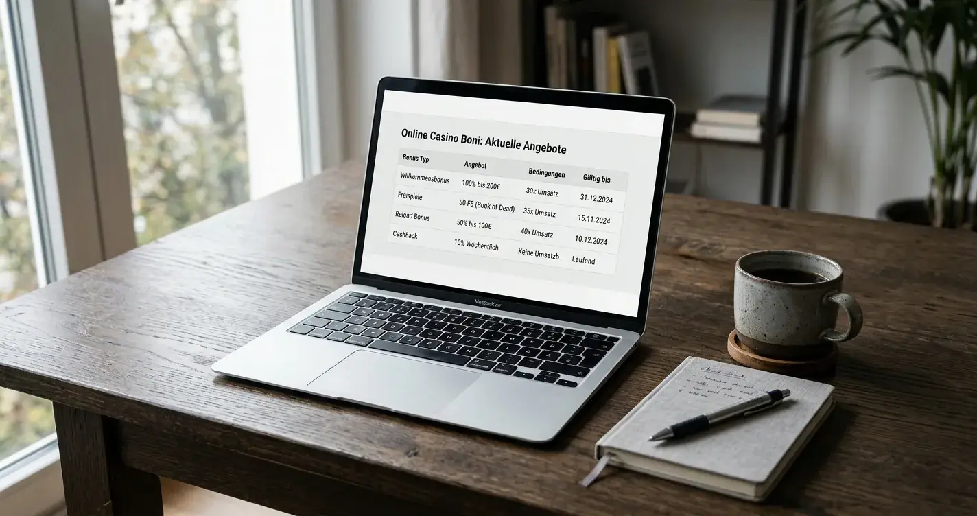 Schreibtisch mit aufgeklapptem Laptop und Übersicht deutscher Casino-Bonusangebote