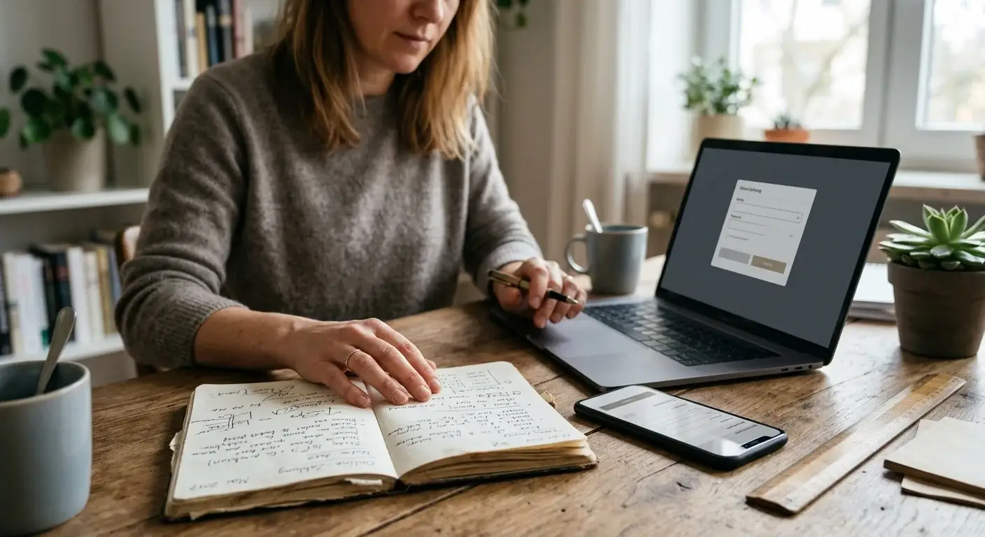 Neutrale Notizen zu Aktualisierungsdatum, Domain und Mindestbetrag auf einem Schreibtisch