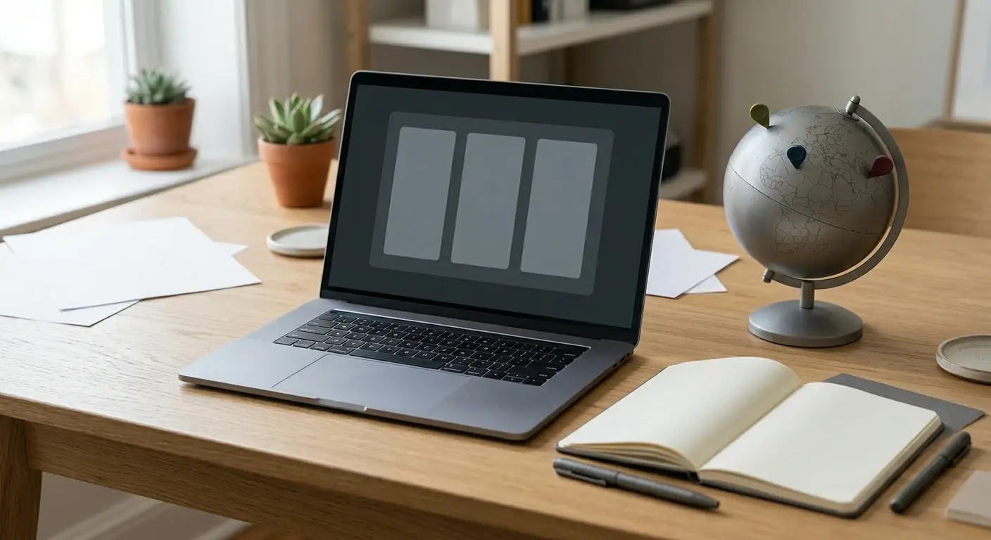 Moderner Schreibtisch mit Laptop, angedeuteter neutraler Walzensilhouette und Globus mit Stecknadeln