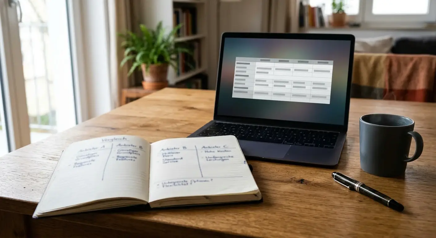 Aufgeschlagenes Vergleichsblatt mit handschriftlichen Spalten zu Anbietern ohne Begrenzung neben einem Laptop