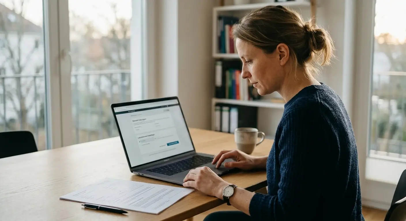 Person prüft Zahlungsmethoden und Lizenzangaben an einem neutralen Laptop