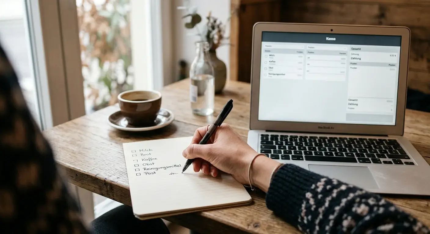 Handschriftliche Prüfliste für Gutschein, Limits und Auszahlung auf einem ruhigen Schreibtisch