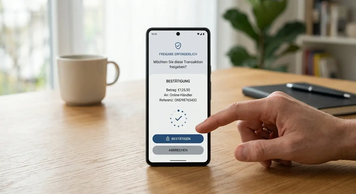 Smartphone mit neutraler Wallet-Bestätigung und sicherem Zahlungsablauf