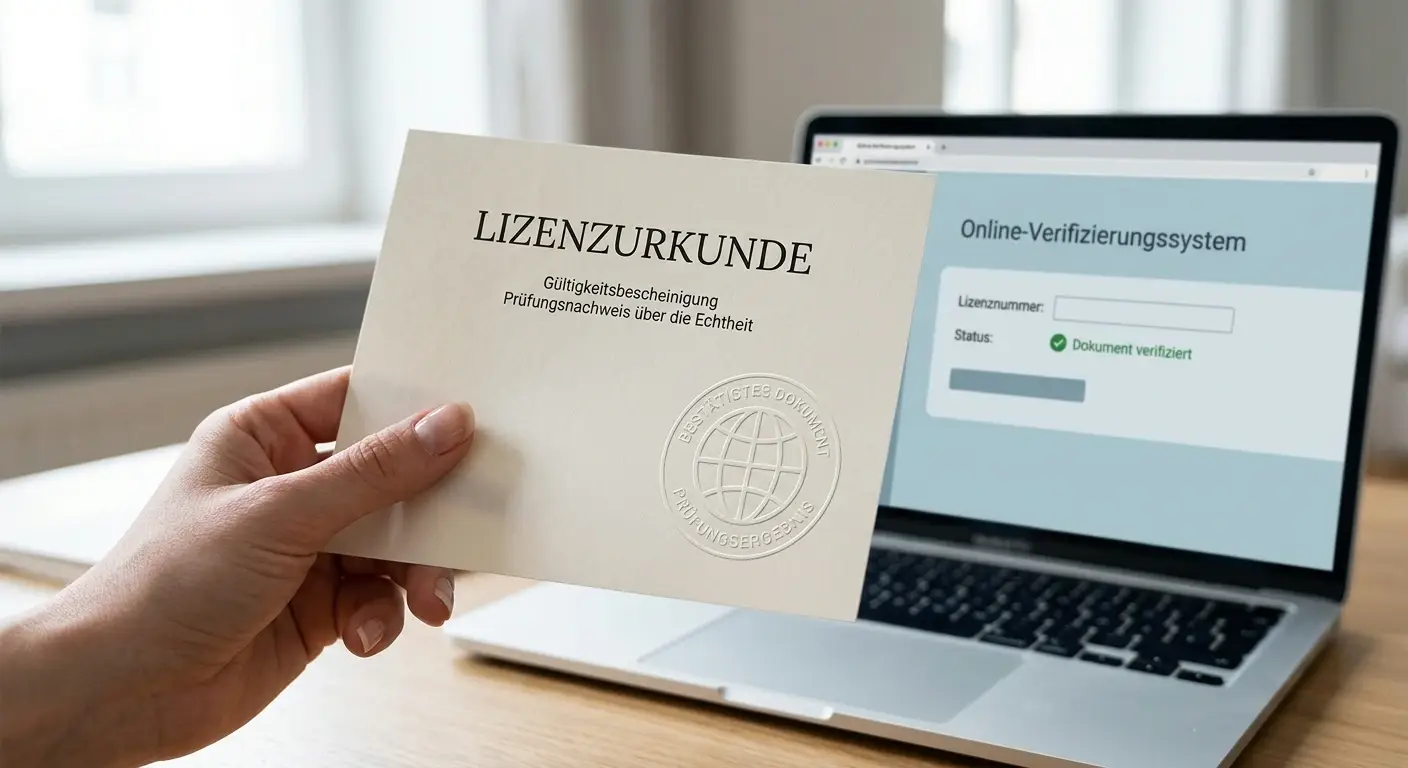 Neutrales Lizenzdokument mit Stempel zur Prüfung einer ausländischen Glücksspiellizenz
