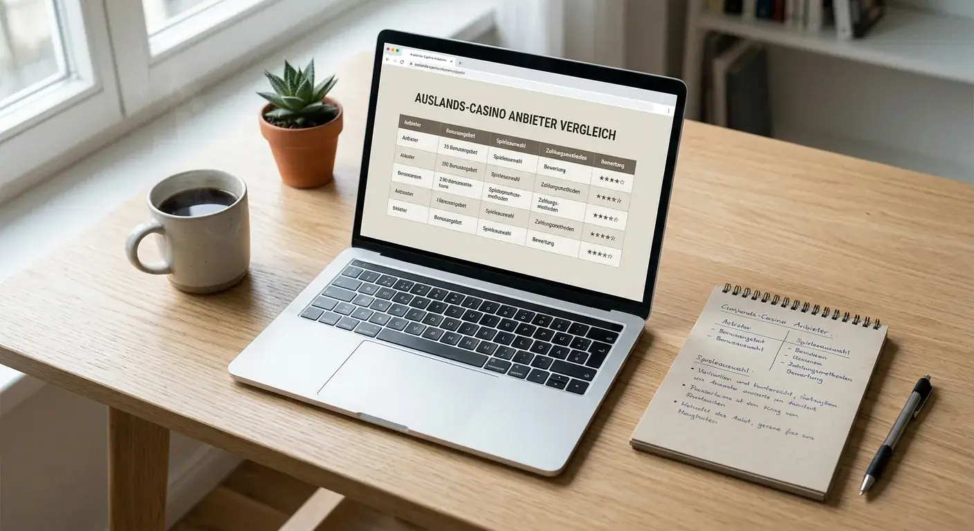 Schreibtisch mit Laptop und Notizen zum Vergleich ausländischer Online Casinos