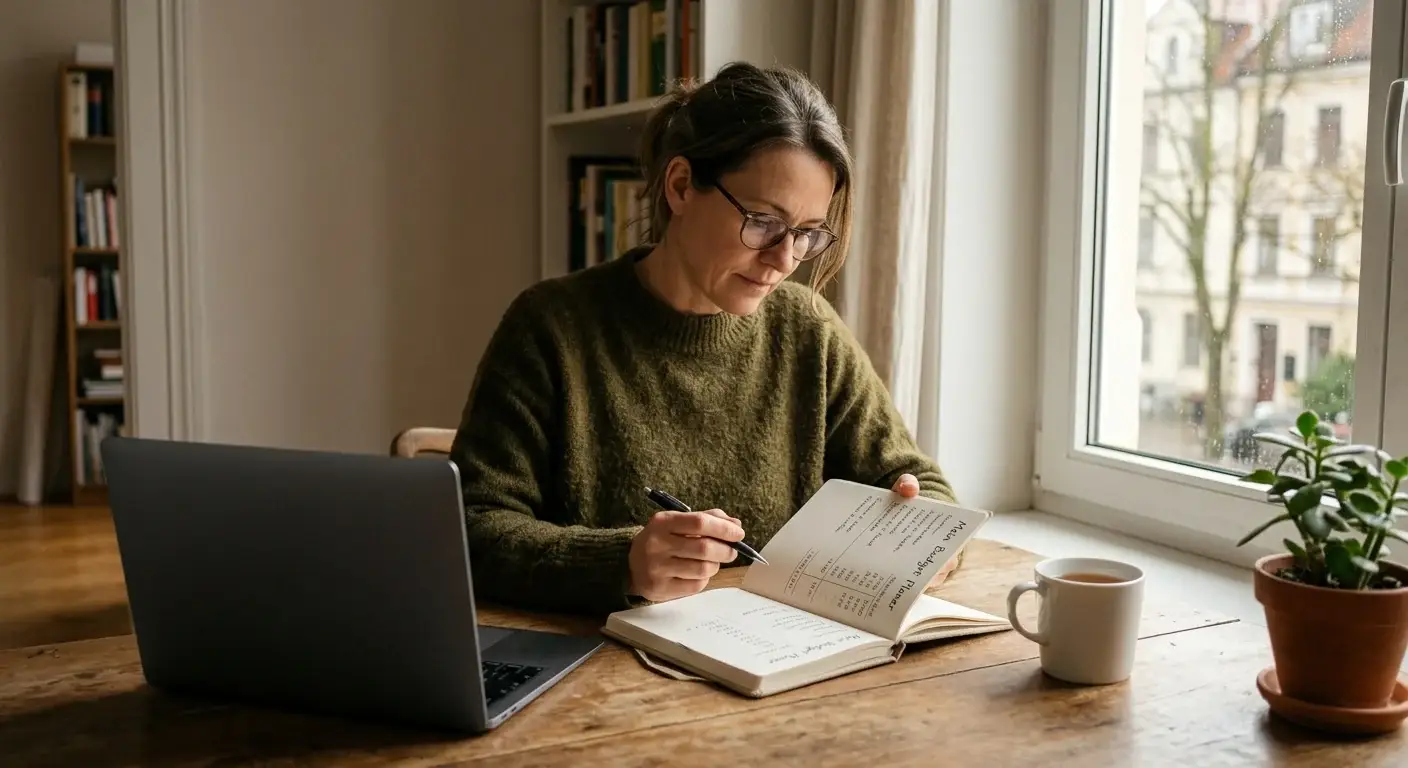 Ruhige Szene einer Person mit Notizbuch beim Festlegen eines Spielbudgets