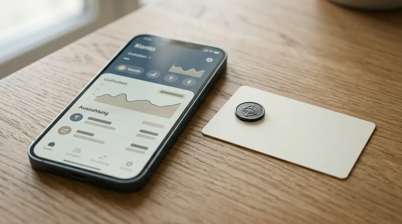 Symbolische Krypto-Wallet-Ansicht auf einem Smartphone neben einer Guthabenkarte ohne Aufdruck