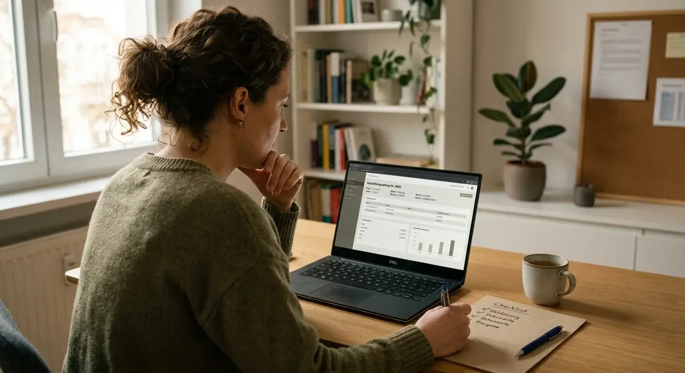 Prüfung des Auszahlungsantrags am Laptop