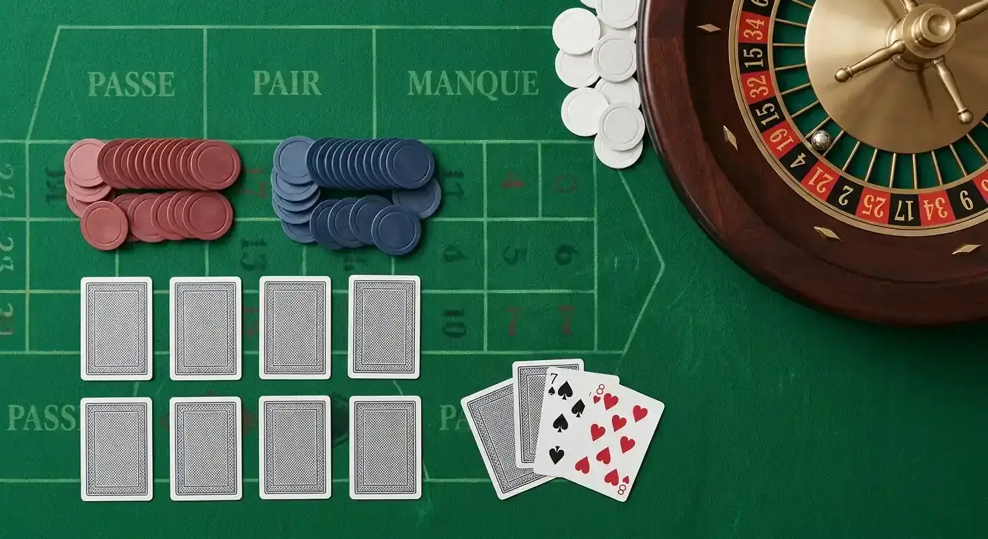 Verschiedene Casinospiele mit unterschiedlicher Auszahlungsquote auf einem Spieltisch