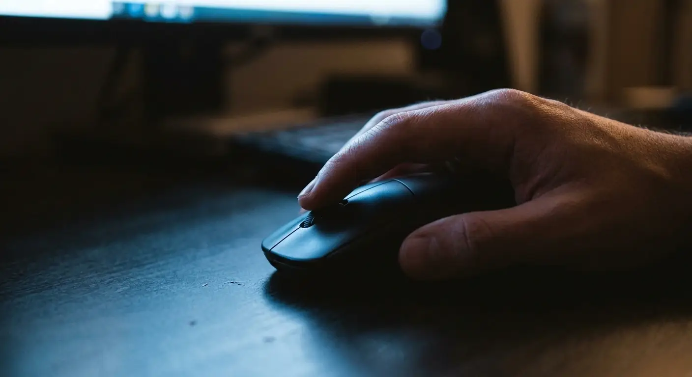 Vom Monitor angeleuchtete Computermaus mit angedeuteter Klickbewegung im Halbdunkel