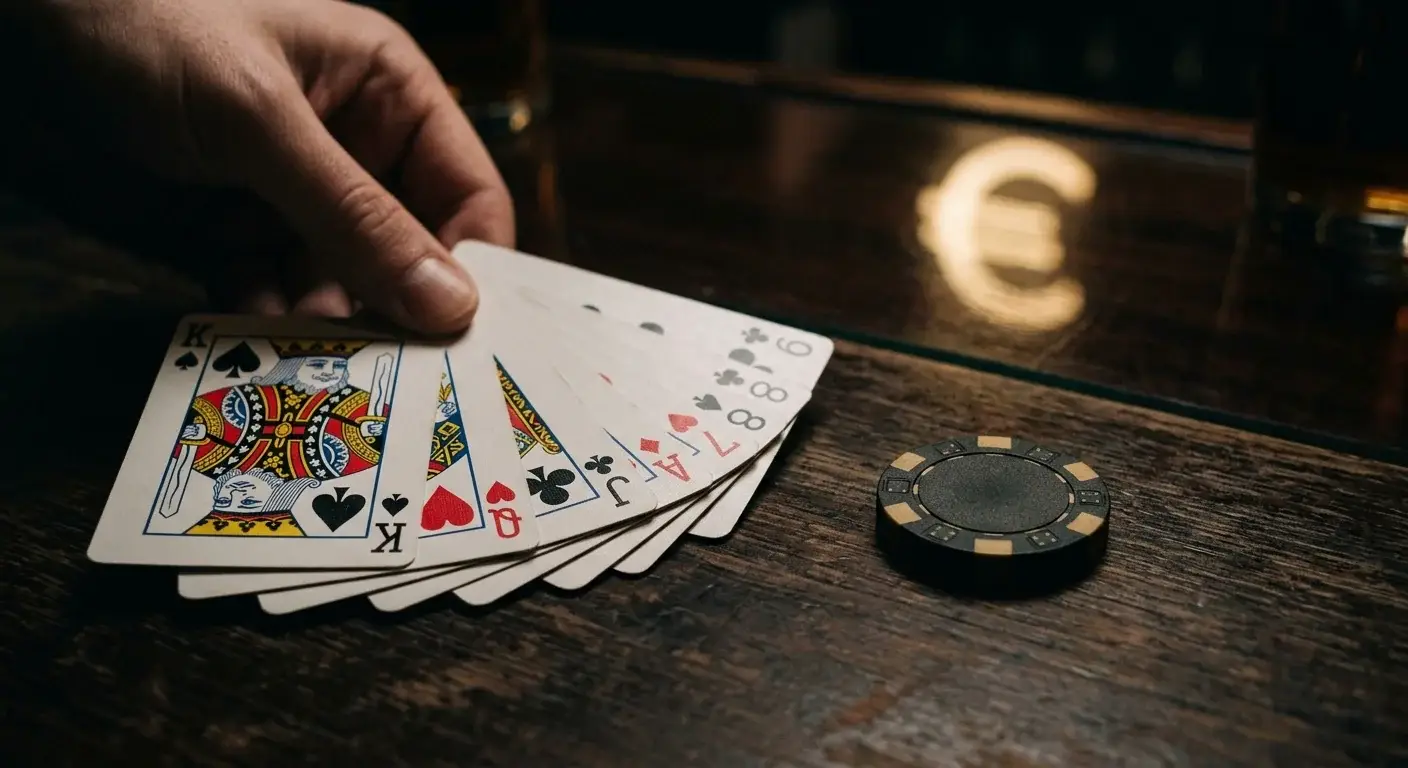 Aufgefächerte Spielkarten neben einem symbolischen Spielchip ohne Wertangabe
