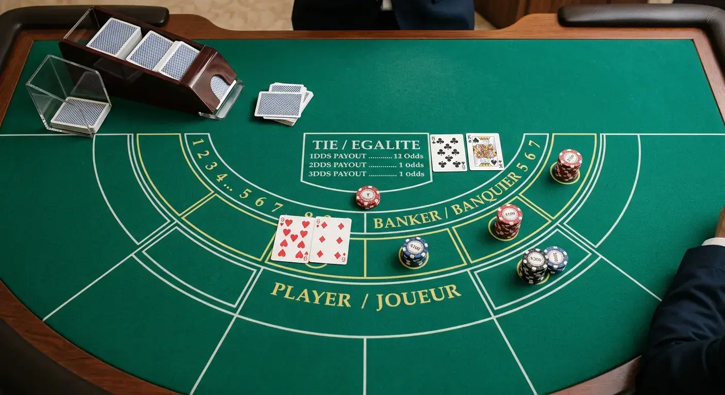Baccarat-Tischauflage mit den Feldern für Spieler, Bank und Unentschieden