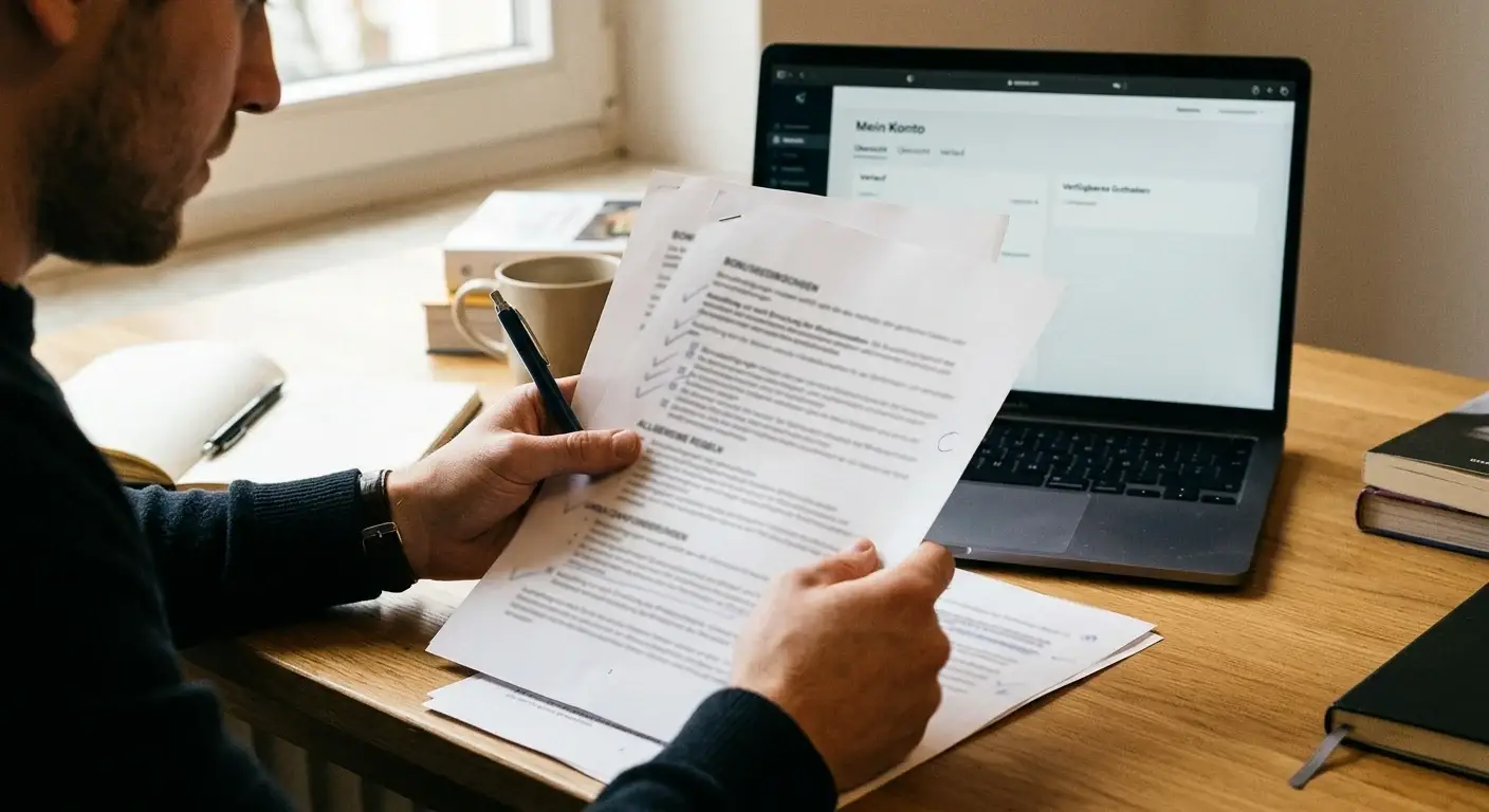 Schreibtisch mit neutralen Bonusbedingungen und handschriftlichen Prüfpunkten