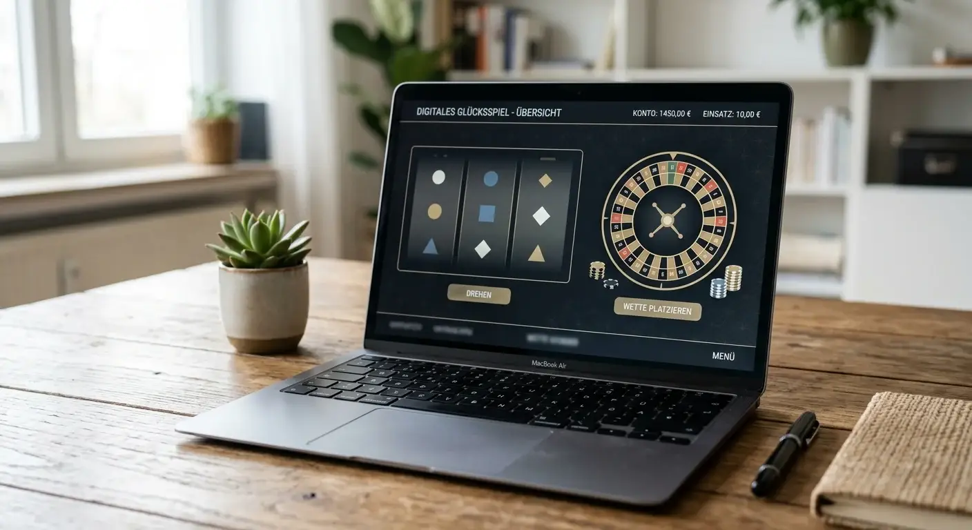 Neutrale digitale Spieloberfläche mit einfachen Symbolen auf einem Laptop