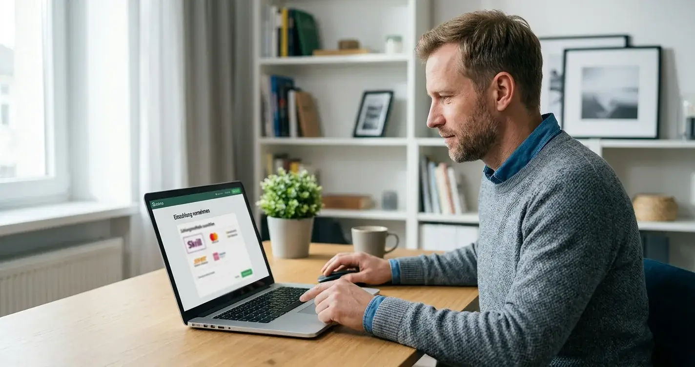 Skrill-Zahlung im deutschen Online-Casino auf Laptop neben Wallet