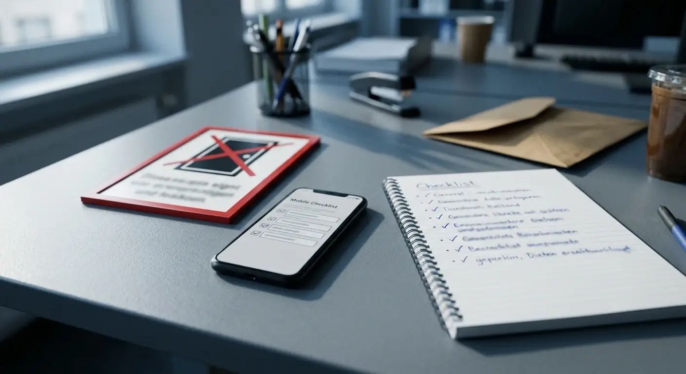 Gesperrtes Zugangsschild neben neutralem Smartphone und Wallet-Notiz