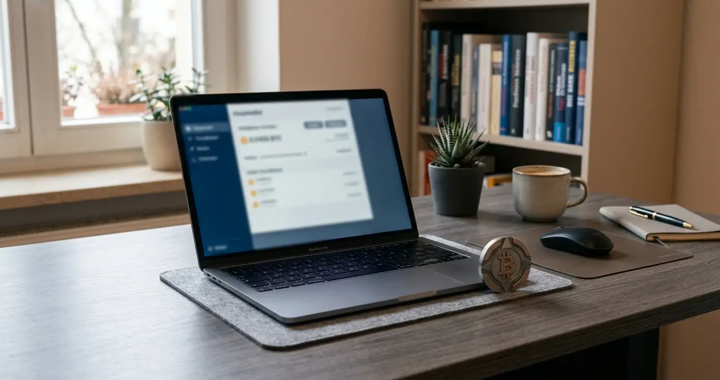 Bitcoin-Casino mit Wallet und neutralem Laptop auf einem deutschen Schreibtisch