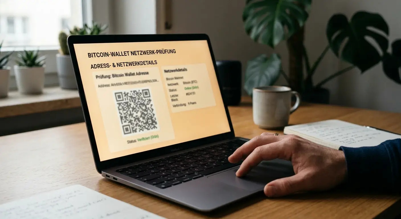 Person prüft eine Bitcoin-Transaktion und Netzwerkadresse auf einem neutralen Monitor
