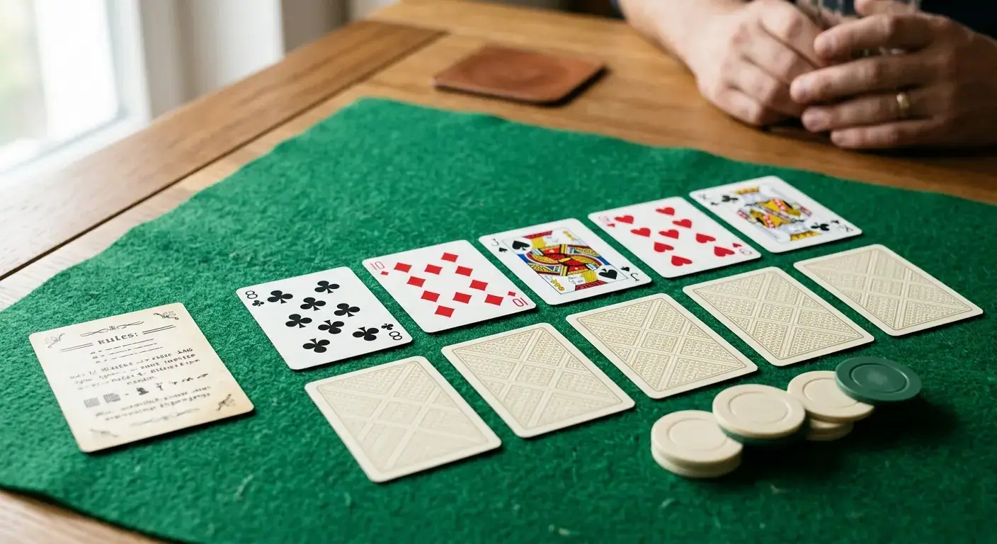 Blackjack-Auszahlungsquote und Regeln am Kartentisch mit Chips und offenen Karten