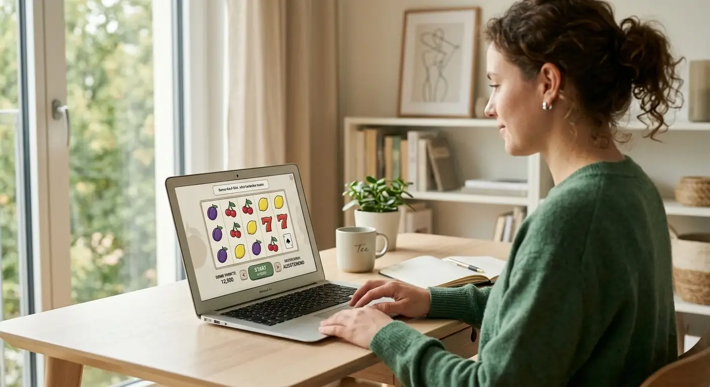 Person am Laptop mit geöffneter Spieloberfläche im Spielgeldmodus an einem aufgeräumten Schreibtisch