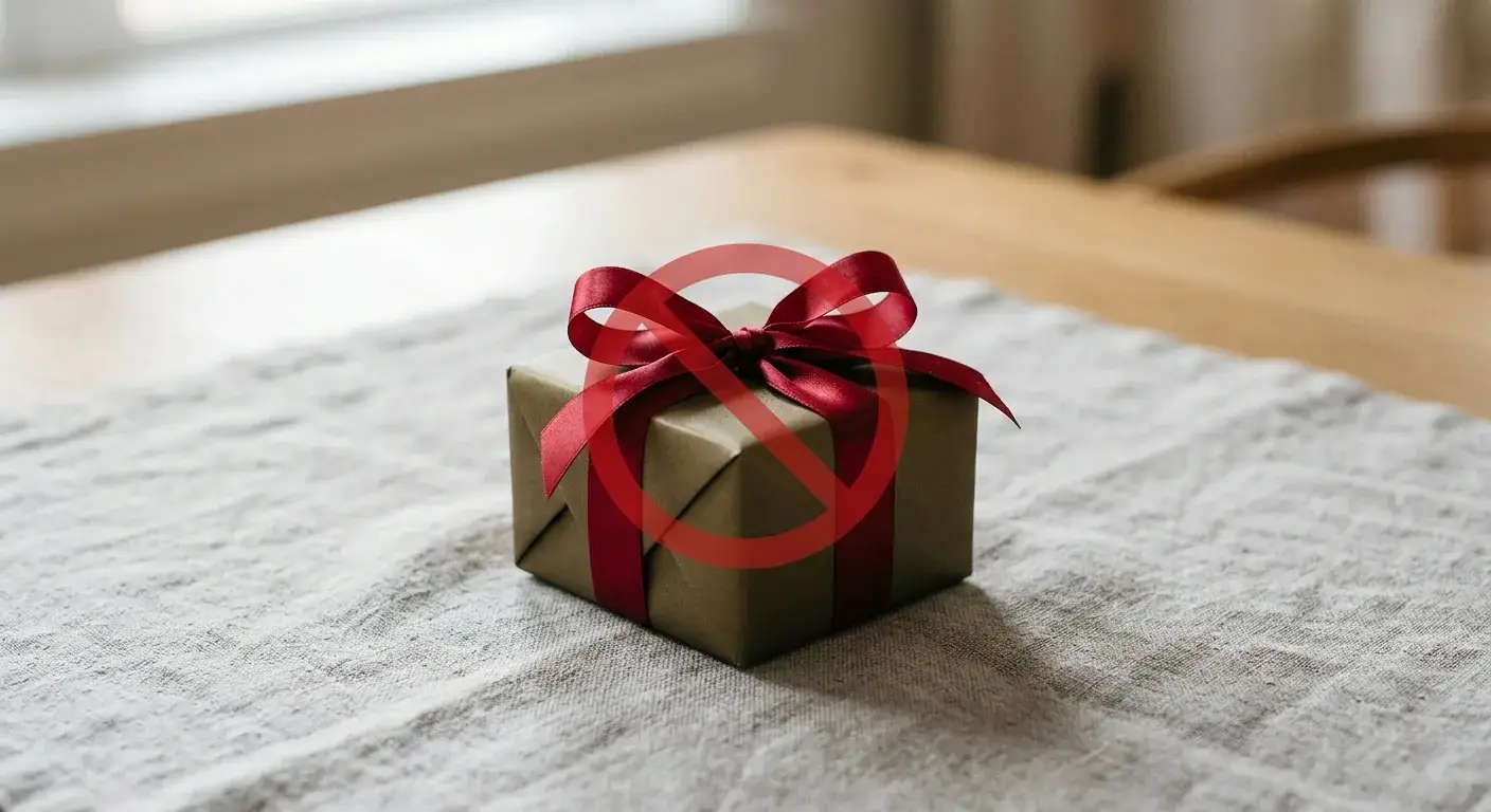 Geschenkbox mit roter Schleife und durchgestrichenes Symbol, Konzept verpasster Bonus