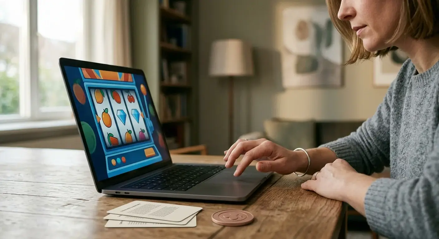 Laptop mit neutralen Freispielen und einer sichtbaren, aber unbeschrifteten Bedingungsübersicht