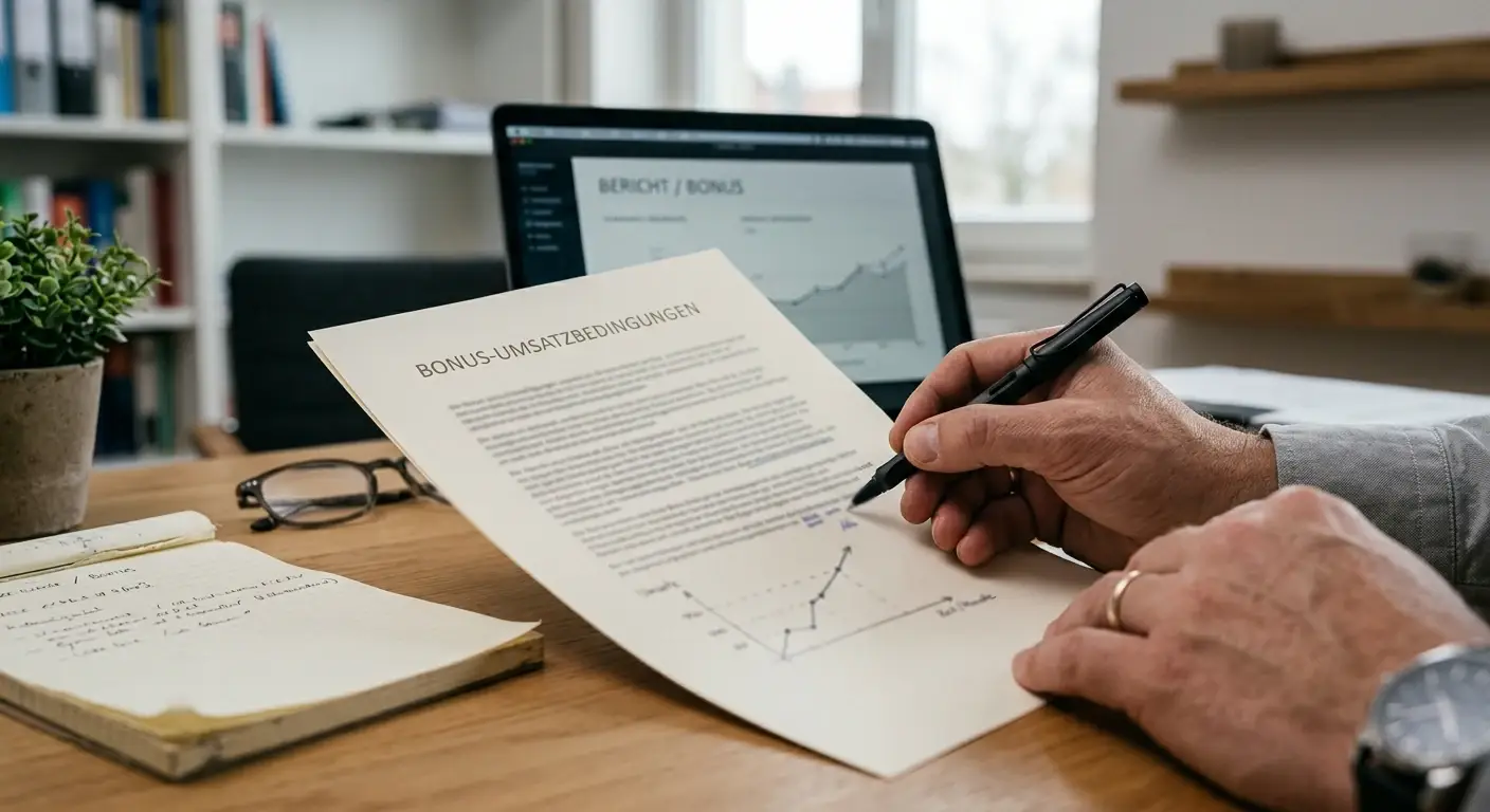 Person mit Stift und Notizblatt zur Prüfung von Umsatzbedingungen