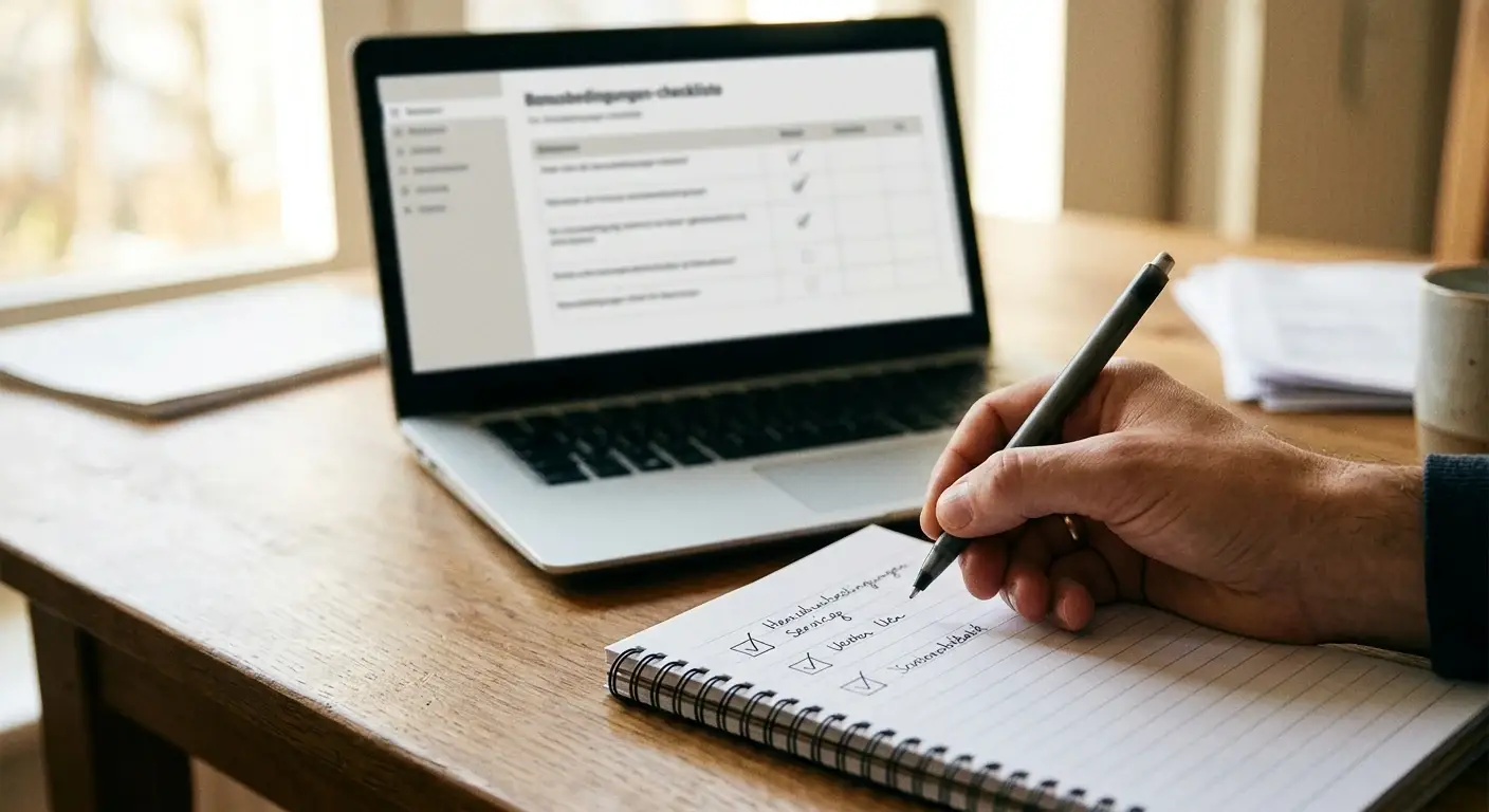 Handschriftliche Prüfliste neben einer neutralen Bonusseite