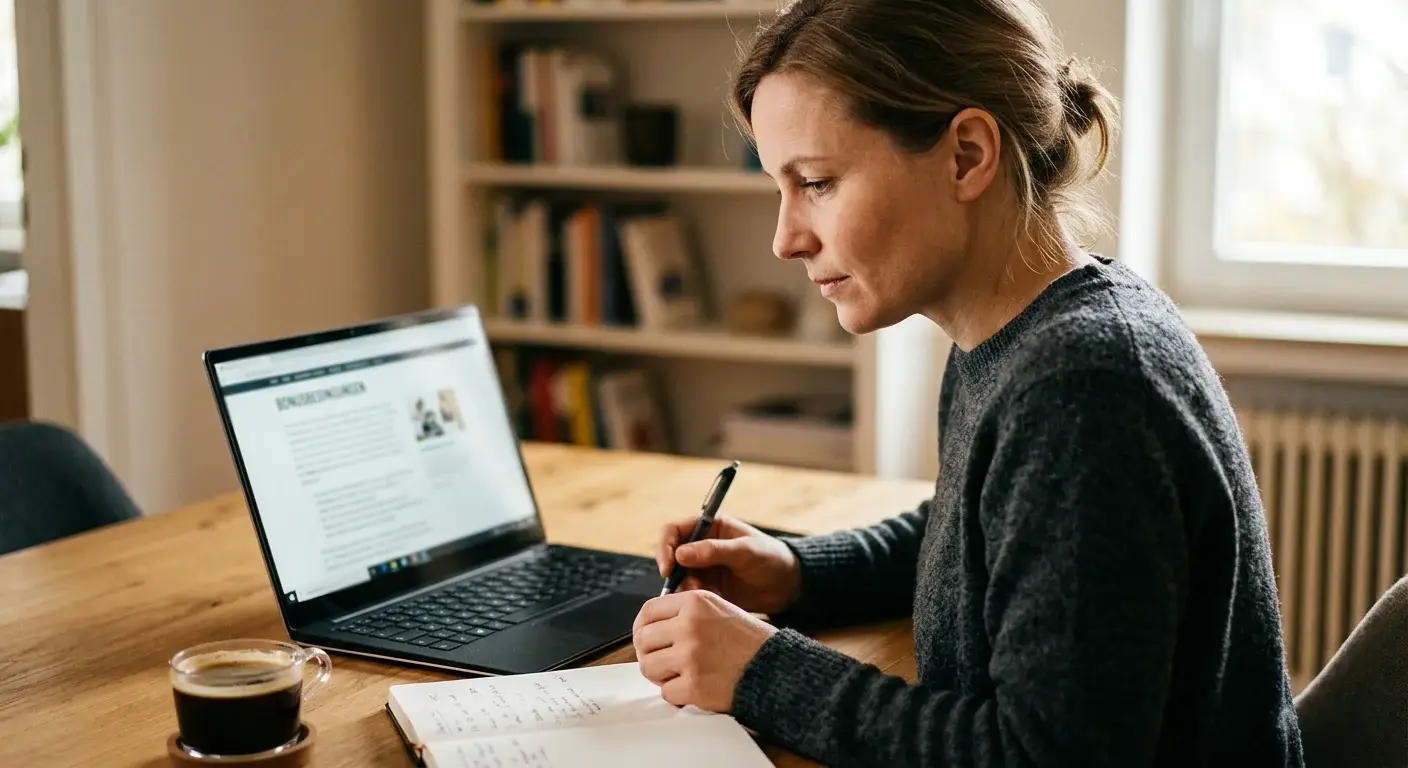 Person prüft Bonusbedingungen auf einem Laptop neben handschriftlichen Notizen