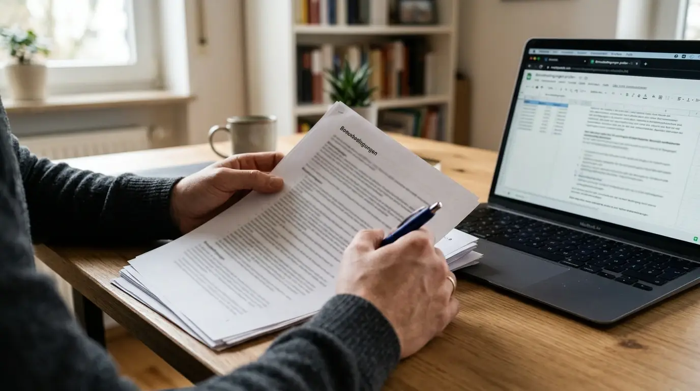 Person prüft Bonusbedingungen auf Papier neben einem Laptop