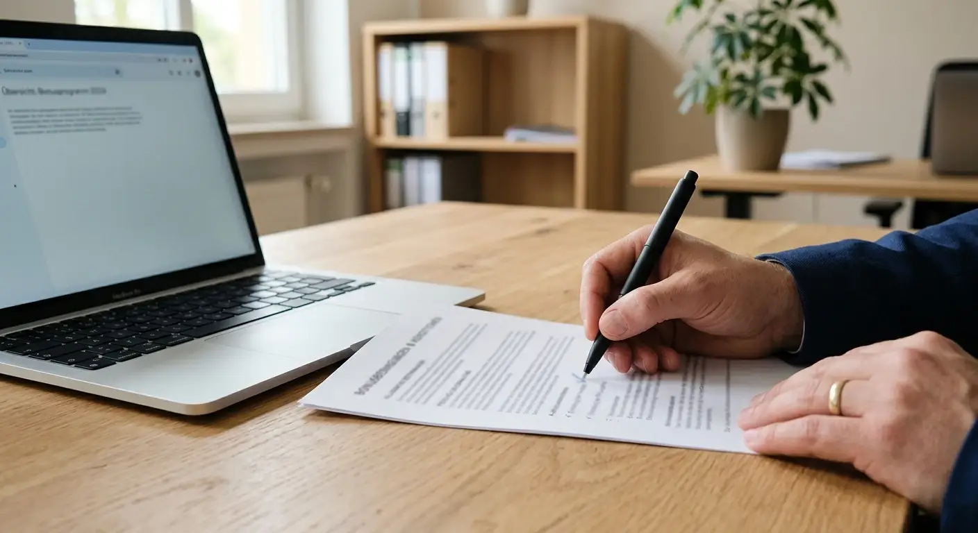 Hand mit Stift neben geordneten Bonusbedingungen und neutralem Prüfvermerk