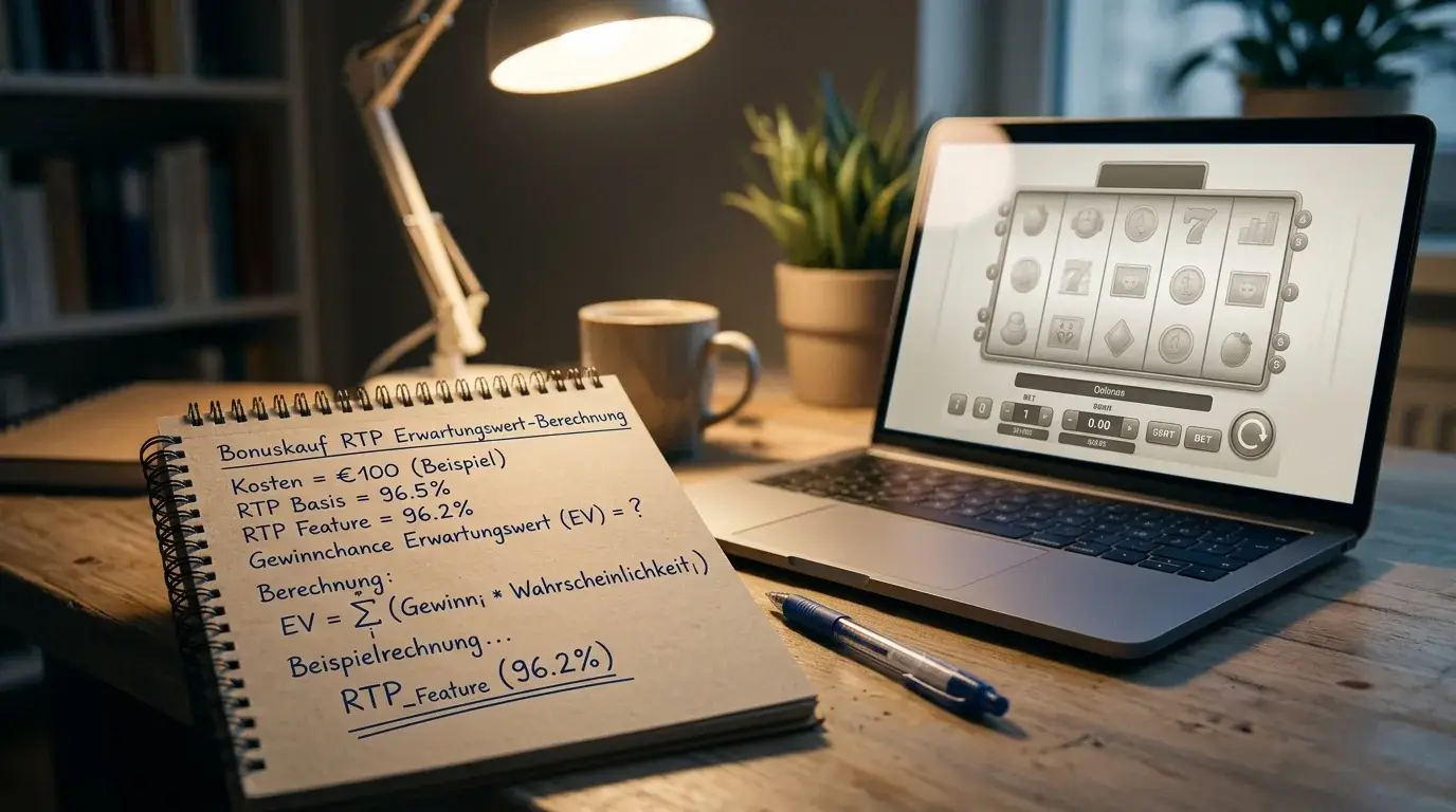Notizblock mit handschriftlicher Erwartungswert-Rechnung neben einem Laptop mit Spielautomat