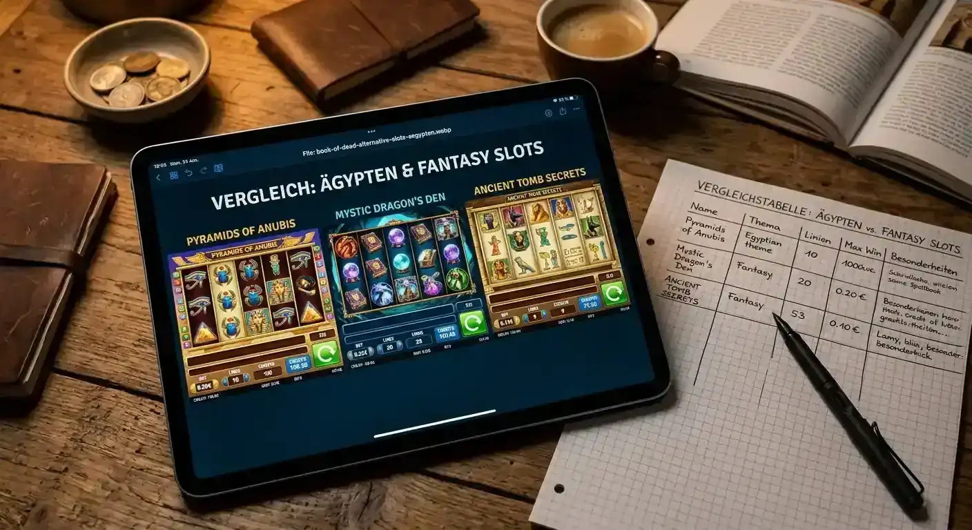 Tablet mit mehreren Slot-Interfaces in ägyptischer Thematik als Alternativen zu Book of Ra