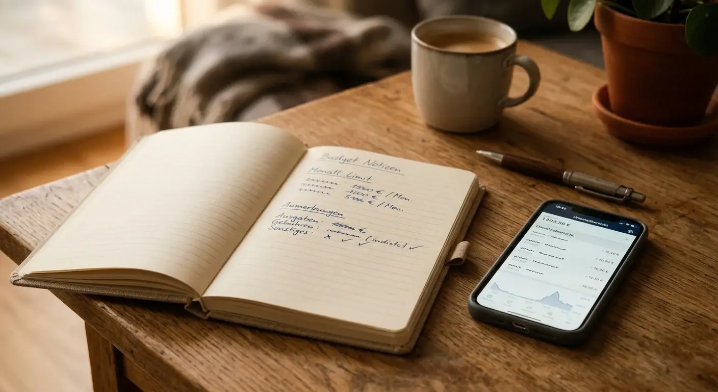 Notizbuch mit persönlicher Verlustgrenze und Gebührenhinweisen neben einem Smartphone