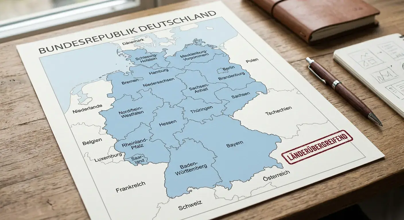 Deutschlandkarte mit einheitlicher Farbmarkierung und länderübergreifend-Stempel