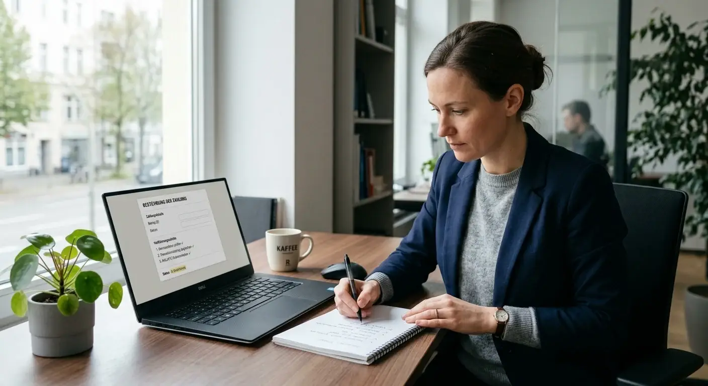 Erwachsene Person arbeitet eine strukturierte ADA-Prüfliste am Laptop ab