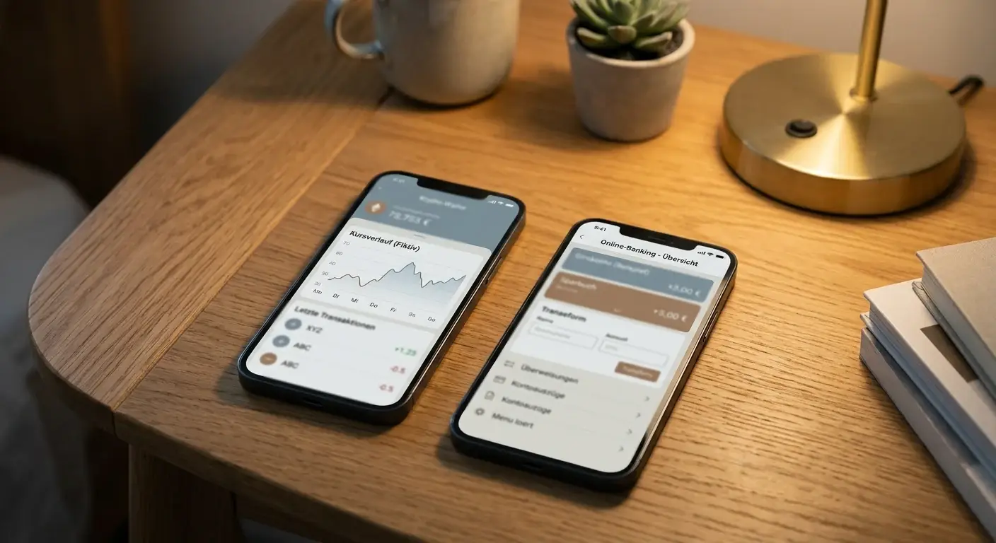 Smartphone mit Krypto-Wallet und klassischer Bank-App nebeneinander