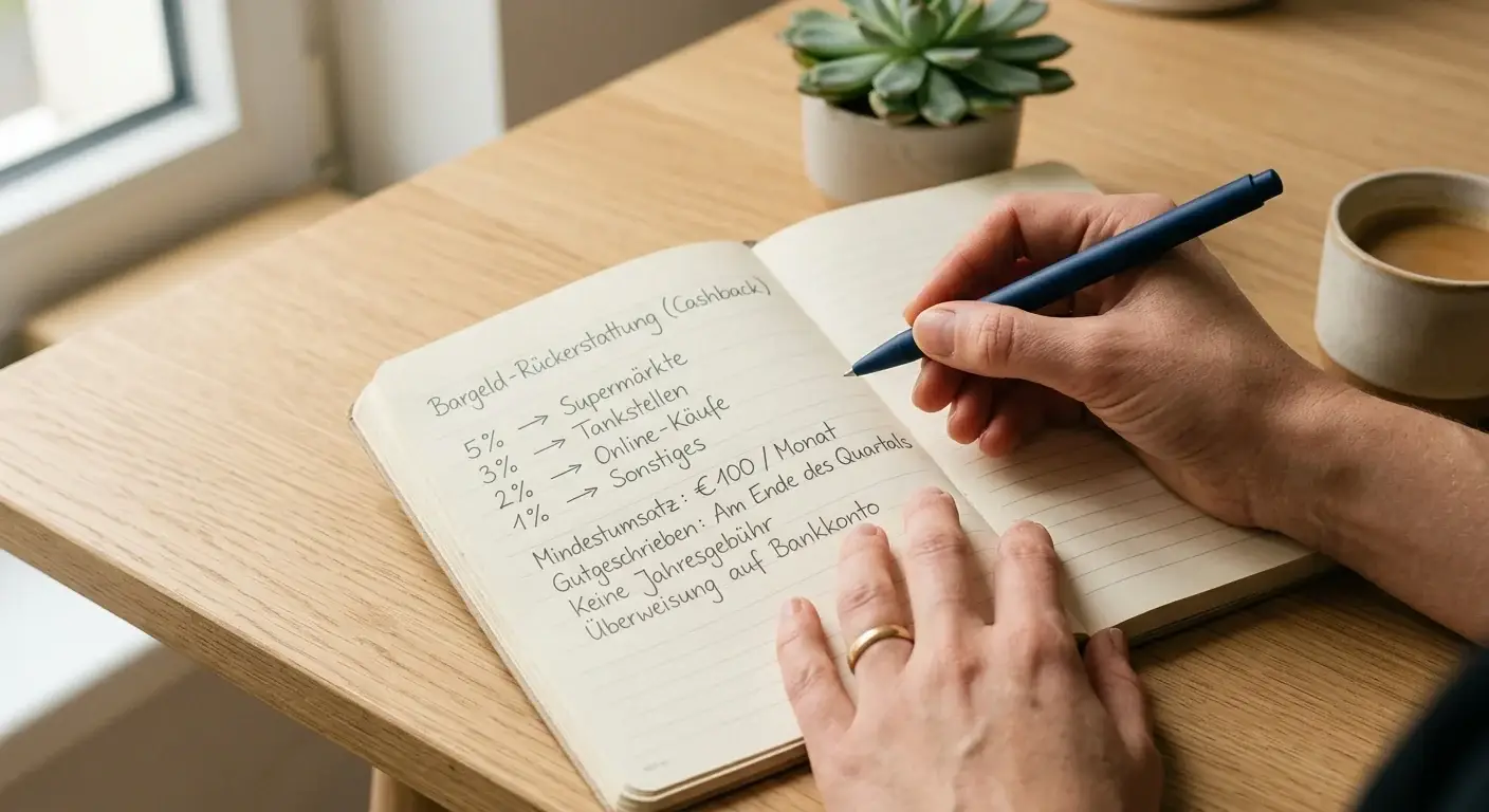 Notizbuch mit aufgelisteten Cashback-Sätzen und ein Stift
