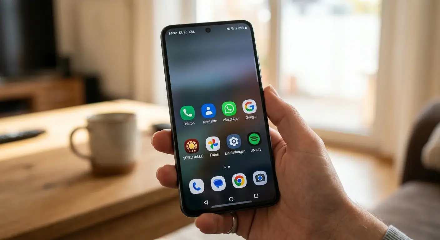 Hand hält Smartphone mit Casino-App-Icon auf dem Homescreen