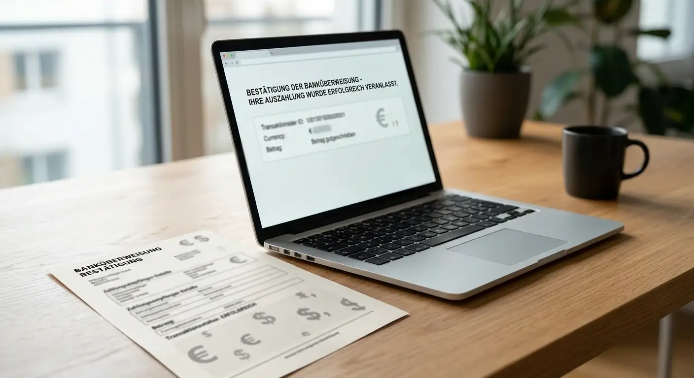 Neutraler Kontoauszug neben einem verifizierten Auszahlungsformular ohne Zahlen oder Logos