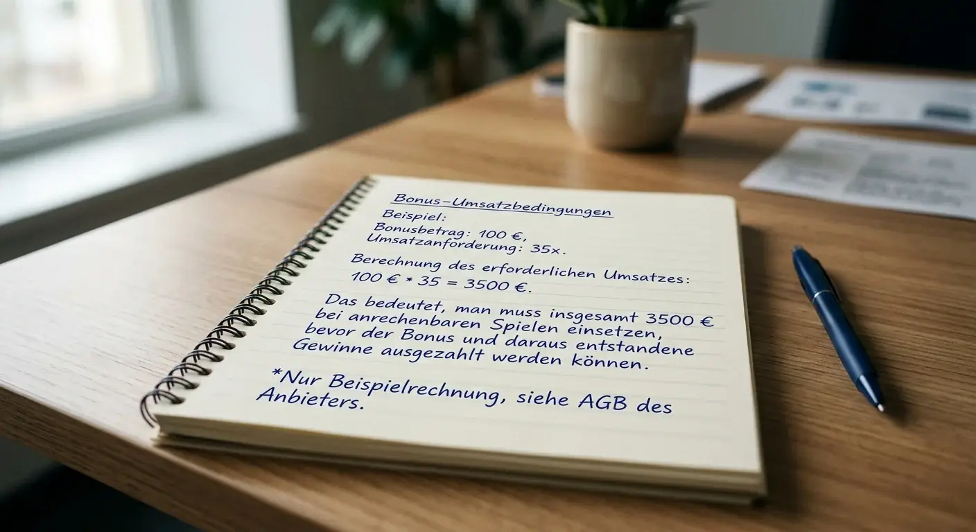 Handschriftliches Rechenbeispiel für Bonusumsatz bei 20 Euro Einzahlung
