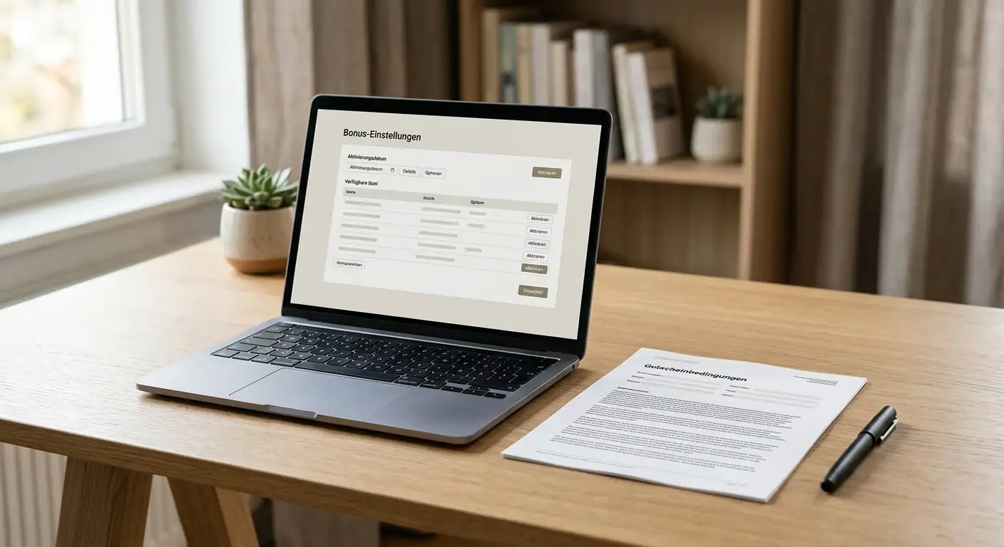 Neutrale Bonusbedingungen auf einem Dokument neben einem Laptop ohne Markenkennzeichen