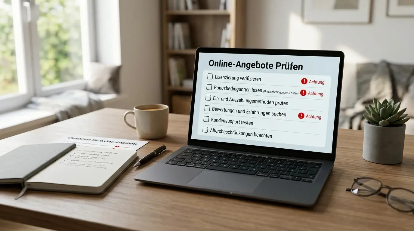 Neutrale Checkliste für sichere Casino-Auswahl neben einem Laptop