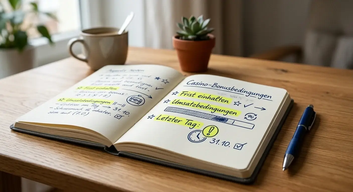 Ordentliches Notizbuch mit Bonusregeln und markierten Fristen