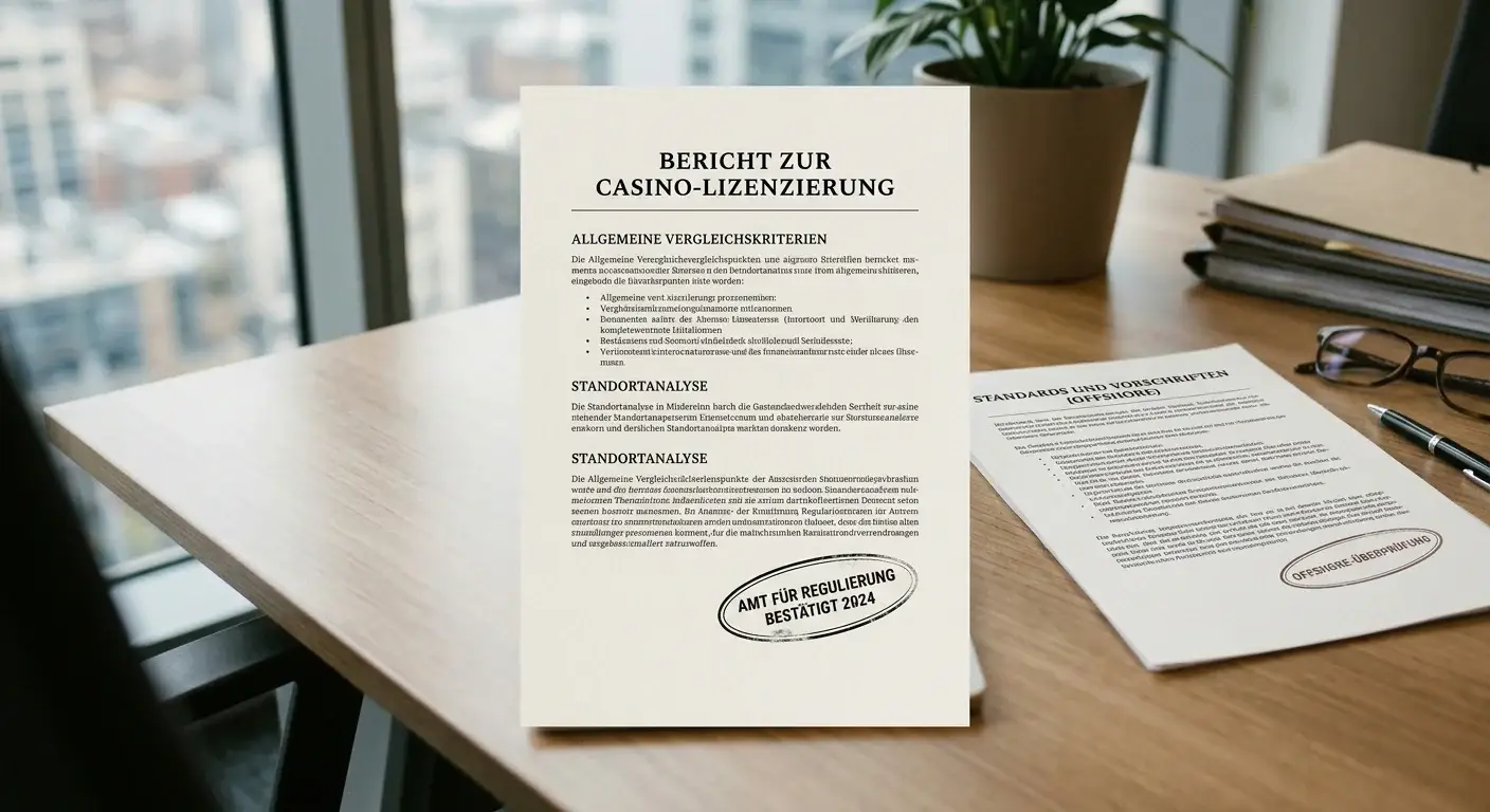 Modernes Büro mit offiziellem Dokument auf einem Schreibtisch, ein Stempel sichtbar, keine Logos oder Wappen