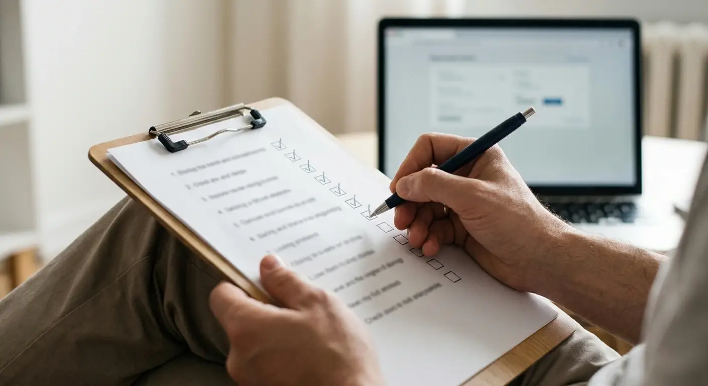 Person prüft mit Stift und Notizblock eine Anbieter-Checkliste